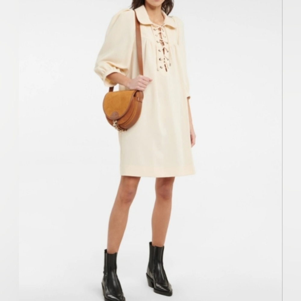 See by Chloe Beige Lace Up Front Mini Dress With 3/4 Puff Sleeve. Size 36 (US.4)